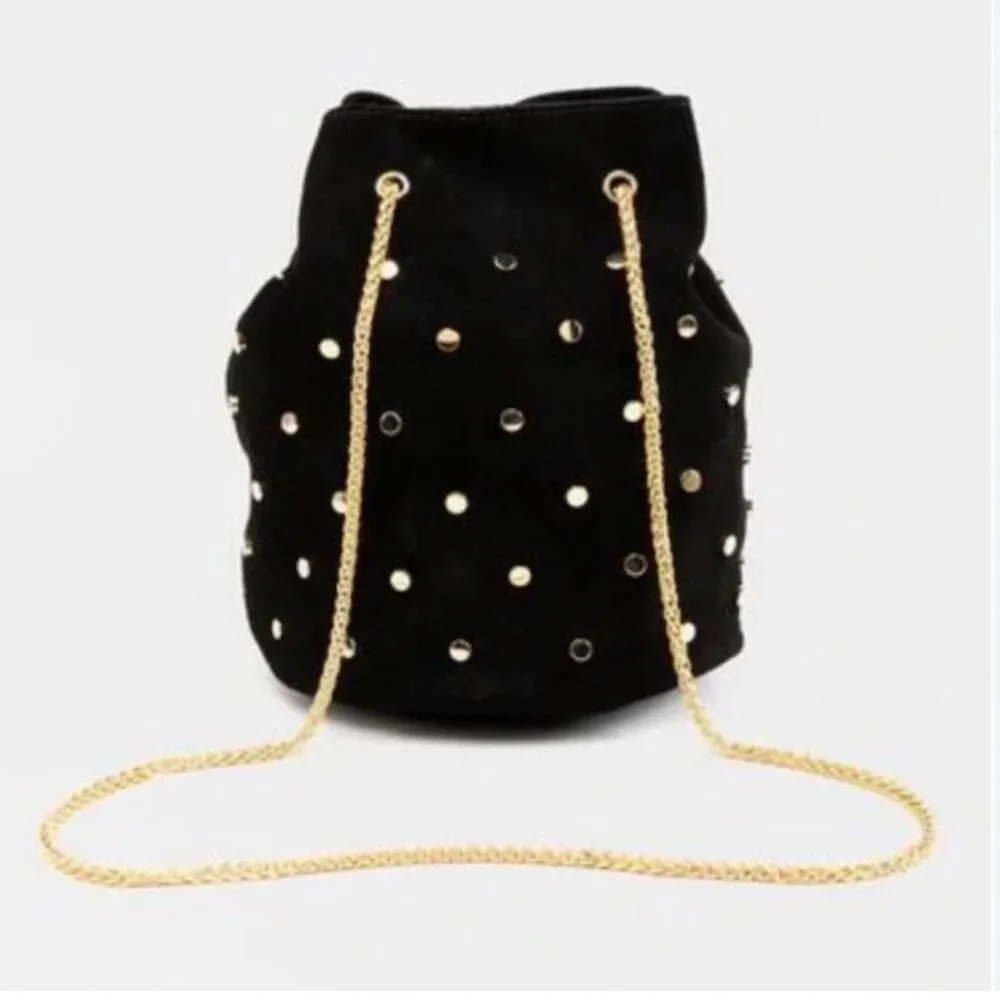 NWT Francesca's Cross Body Faux Suede Nailhead Bucket Satchel Bag Black Gold - Picture 4 of 8